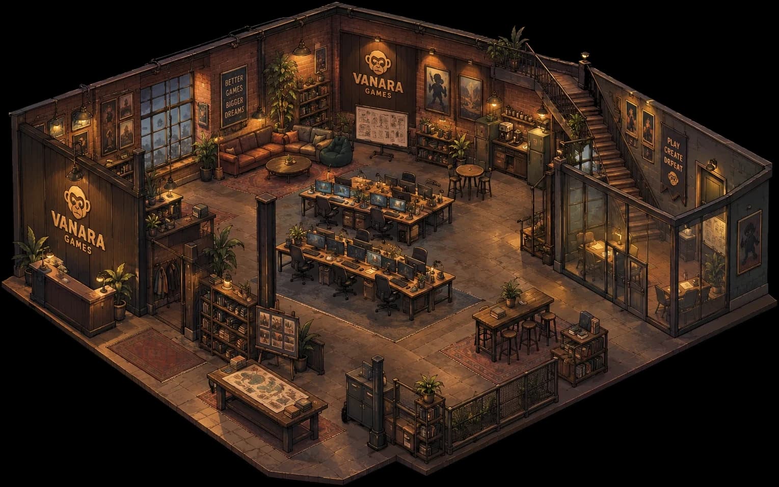 Illustration of the Vanara Games studio floor